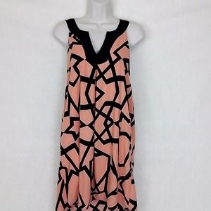 Agaci Womens Casual A-Line‎ Sleeveless Halter Dress Sz L Peach Art Deco V Neck